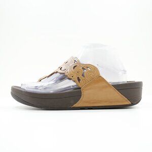 FitFlop Flora Brown Leather Lightweight Thong Sandals - 10